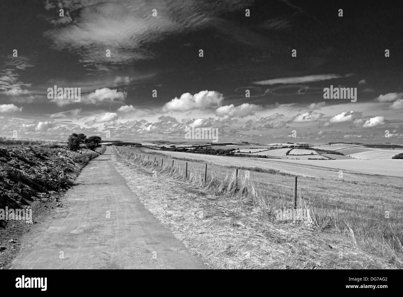 Landscape view of the South Downs, East Sussex on the B2123 near Woodingdean, Brighton, England, Uk (Black and white) Stock Photo