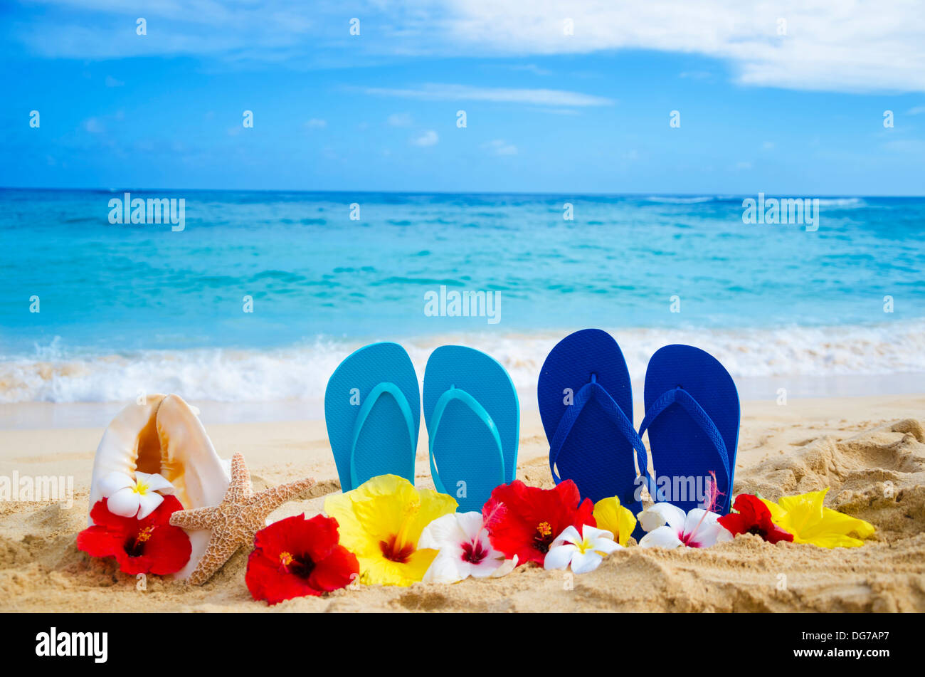 Flip flops, seashell and starfish with tropical flowers on sandy beach ...
