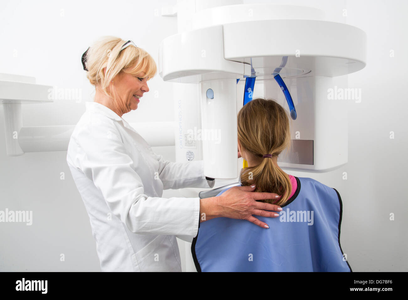 Dental practice, dentistry.Patient prepared for the Xray of the teeth