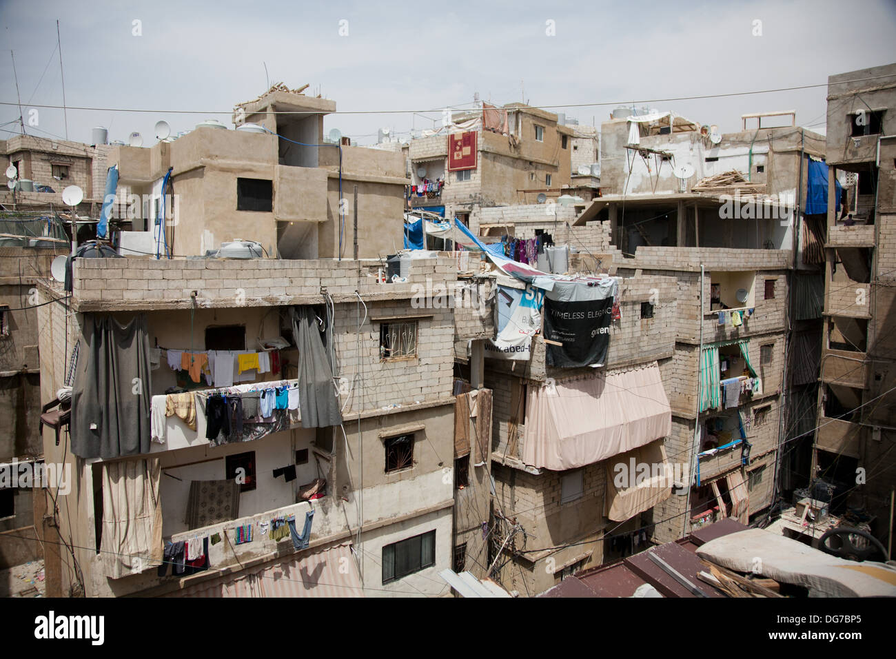 The view from Delal's balcony in her temporary home. The camp is cramped and people live squashed together in concrete buildings Stock Photo