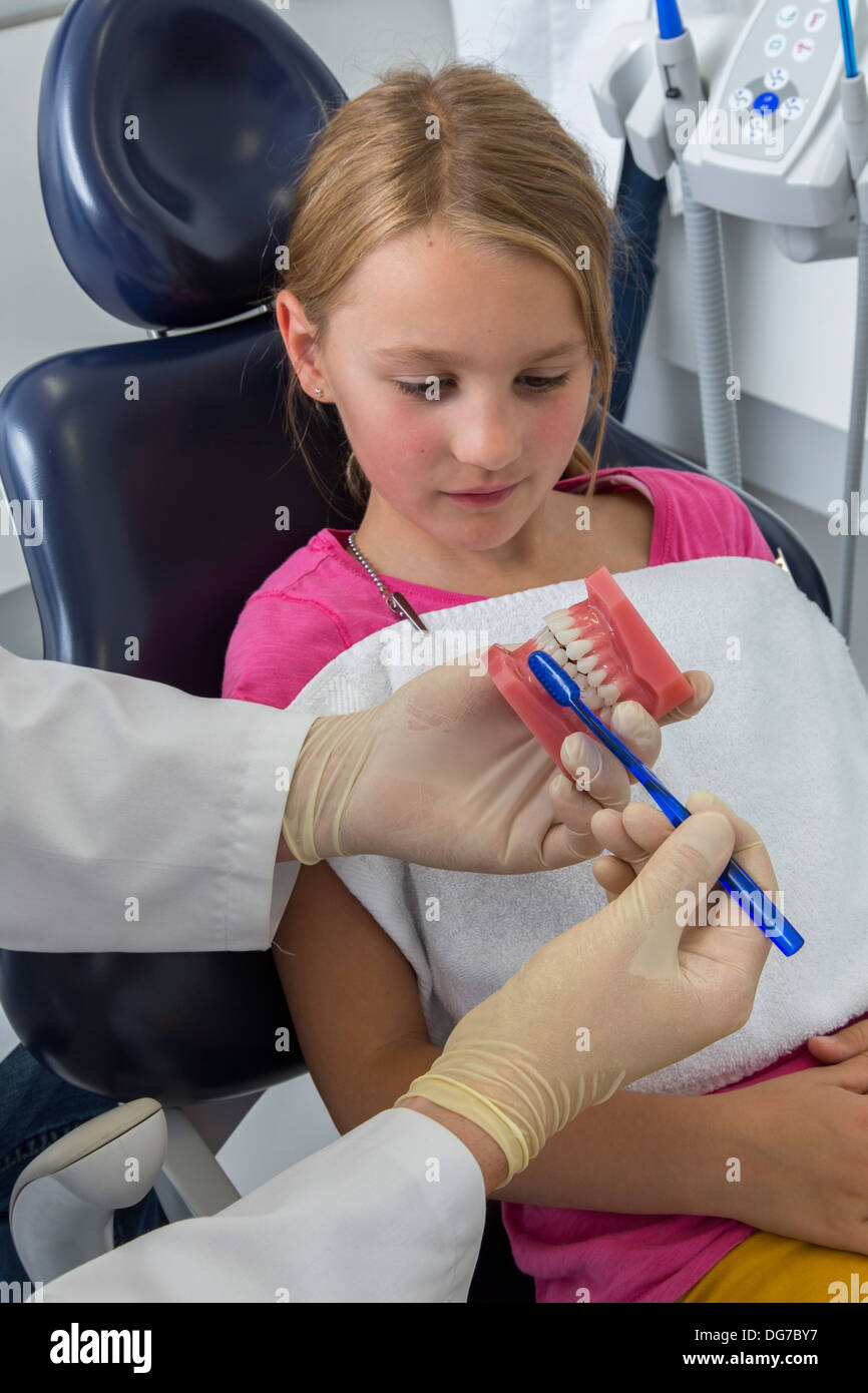 Dental practice, dentistry. Young girl at a dentist treatment Stock