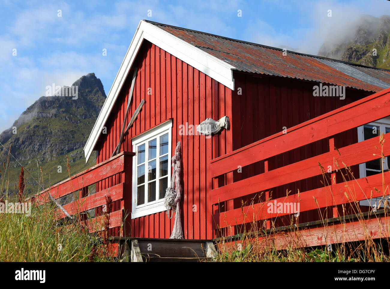 Rorbuer, Fishermans home, today used as holiday homes in the small village of Aa on the Lofoten Island Moskenesoeya  Norway, Stock Photo