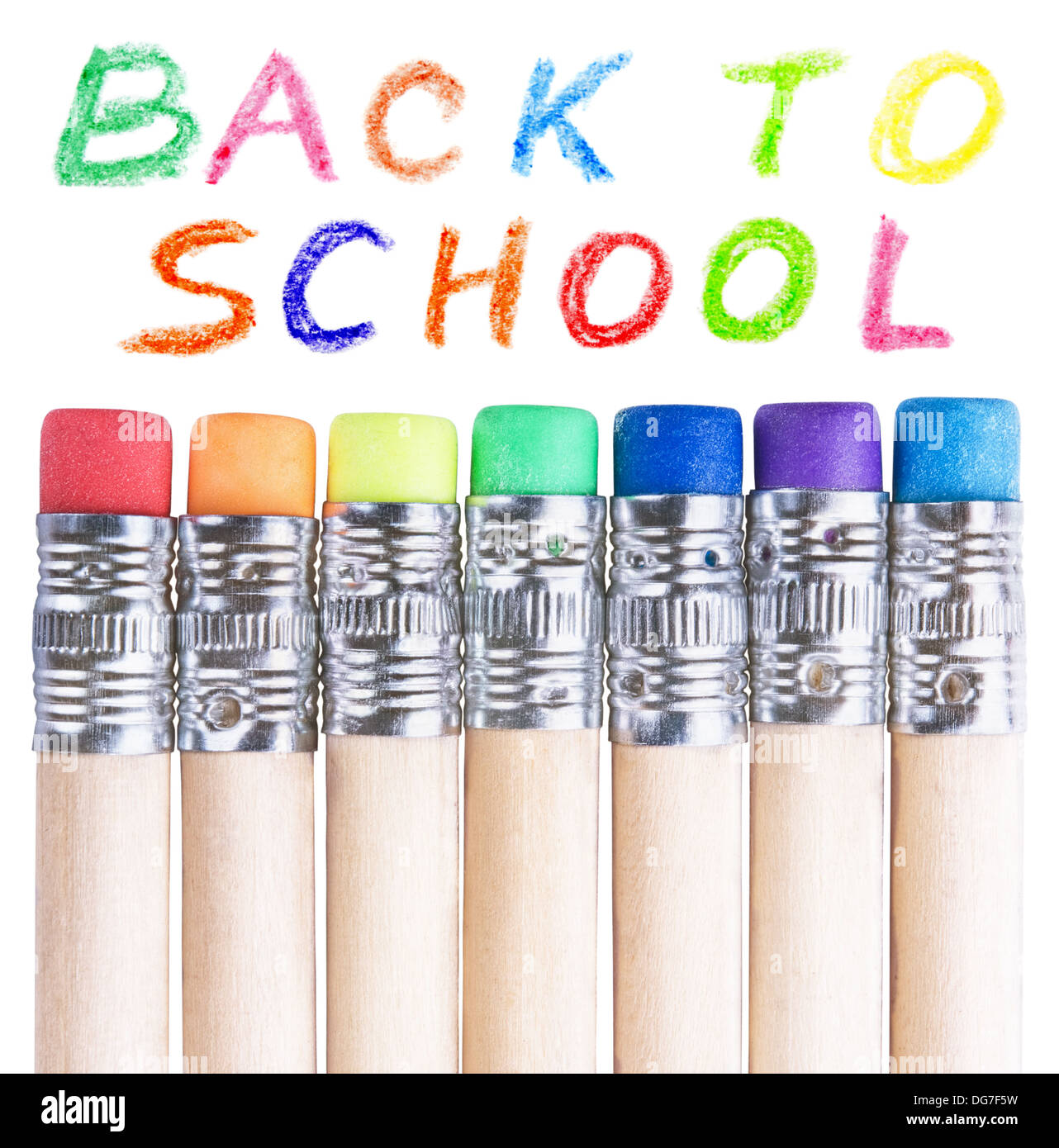 Several pencils with erasers different colours isolated on white background Stock Photo