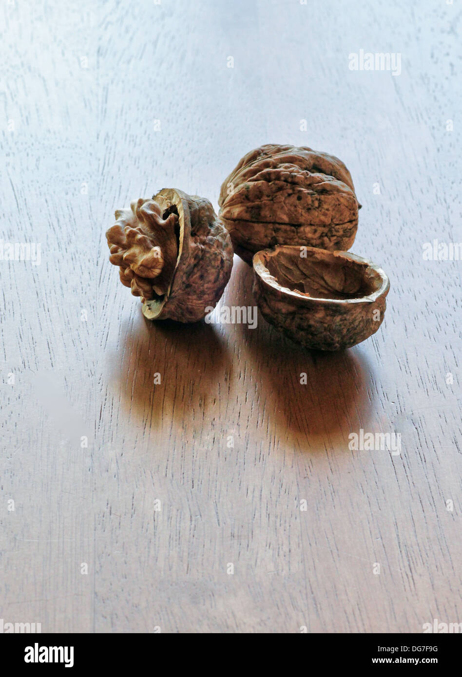 Vertical format of still life study of Wall nuts on coffee table with soft focus background. Stock Photo