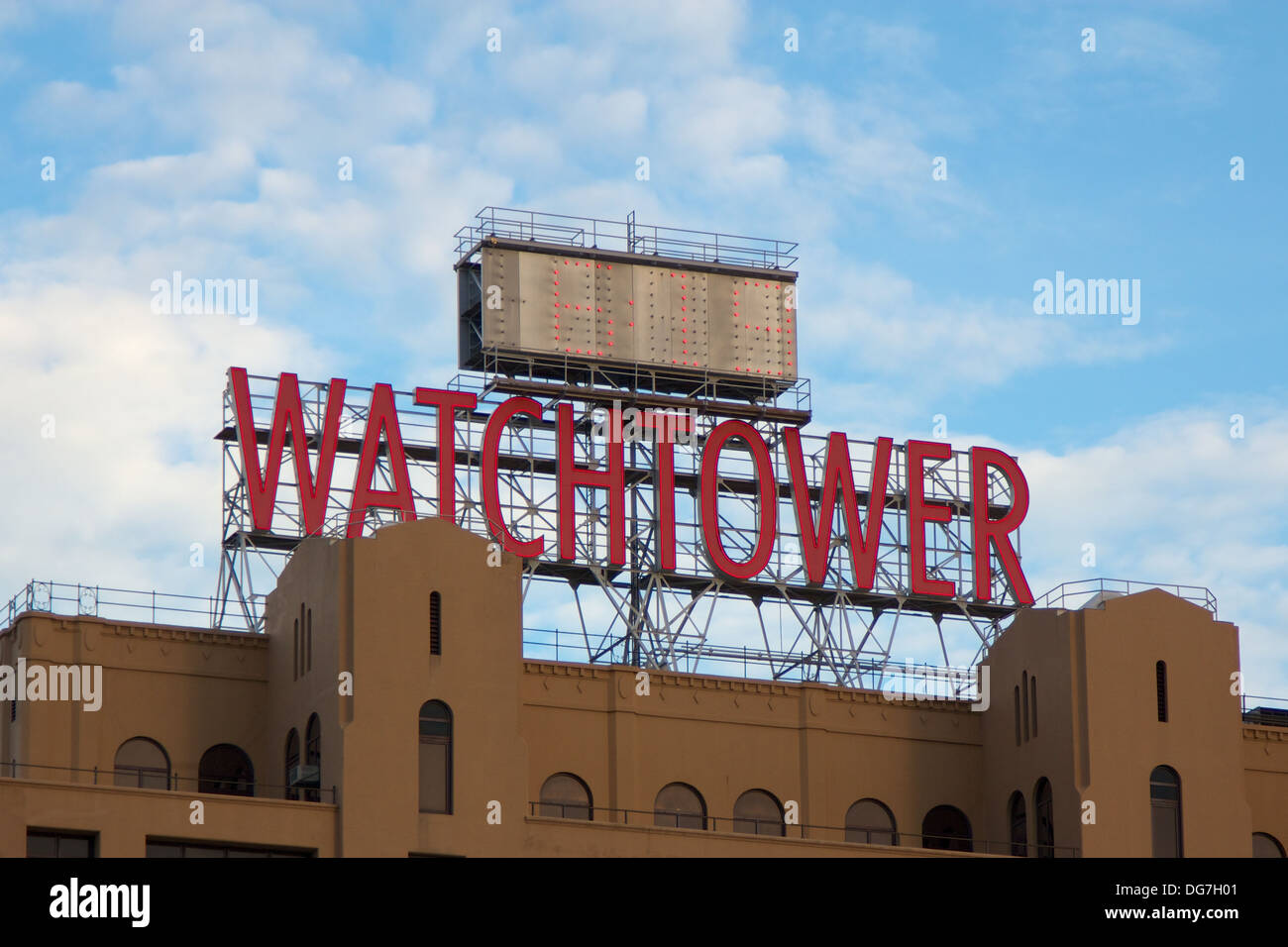 Facade with sign of The Watchtower building in the Dumbo area of Brooklyn, NY, USA on September 8, 2013. Stock Photo