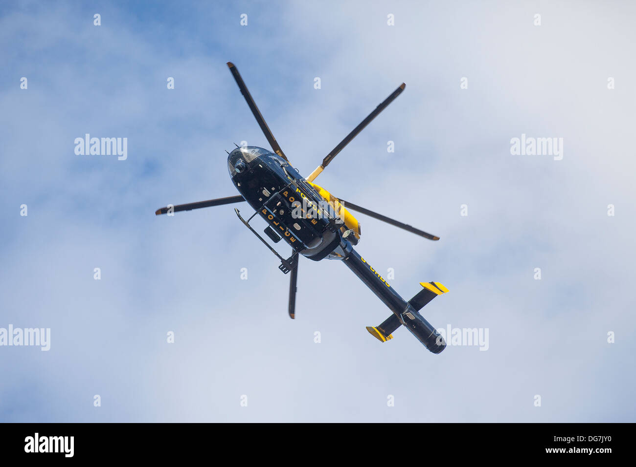 Police Helicopter patrols over Sheffield city centre in the United Kingdom Stock Photo