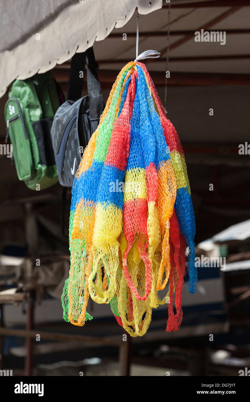 Senegal, Saint Louis. Plastic Mesh Bags at Bus and Taxi Station. Stock Photo