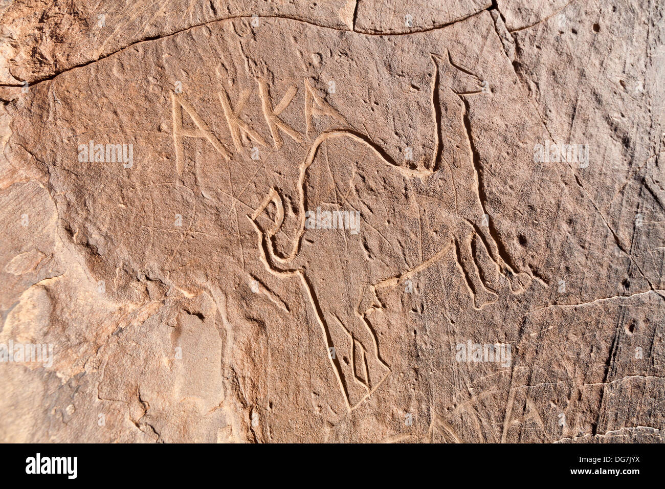 Modern graffiti at the site of the Prehistoric rock carvings at Aman Ighribin on the Tata to Akka road in Morocco Stock Photo