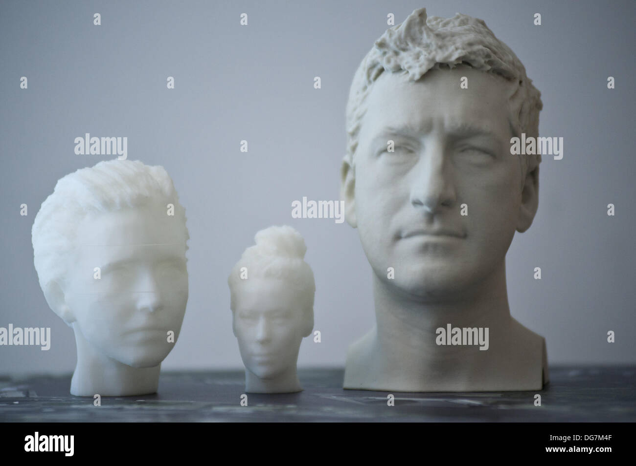 London, UK – 9 October 2013: Acrylonitrile butadiene styrene (ABS) 3D printed heads are displayed at the Inition, Everything in 3D demo studio in Shoreditch, East London. Stock Photo