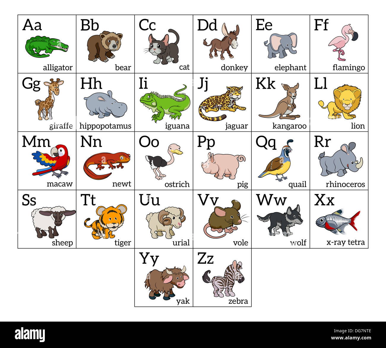 Cartoon animal alphabet learning chart with cartoon animal for each letter  and upper and lowercase letters and animal names Stock Photo - Alamy
