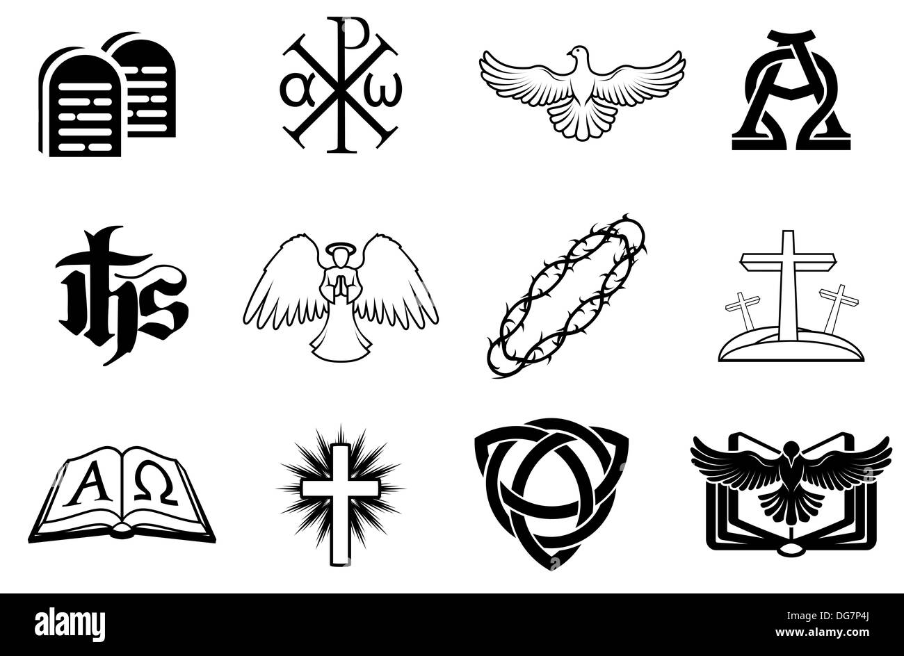 A set of Christian icons including angel, dove, alpha omega, Chi Ro and many more Stock Photo