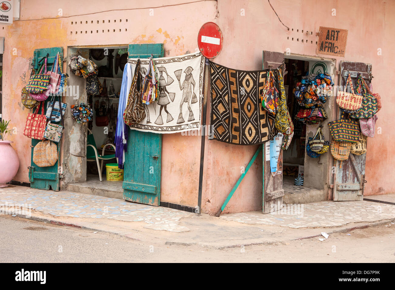 Senegal, Saint Louis. Souvenir Shop on Street Corner. Stock Photo