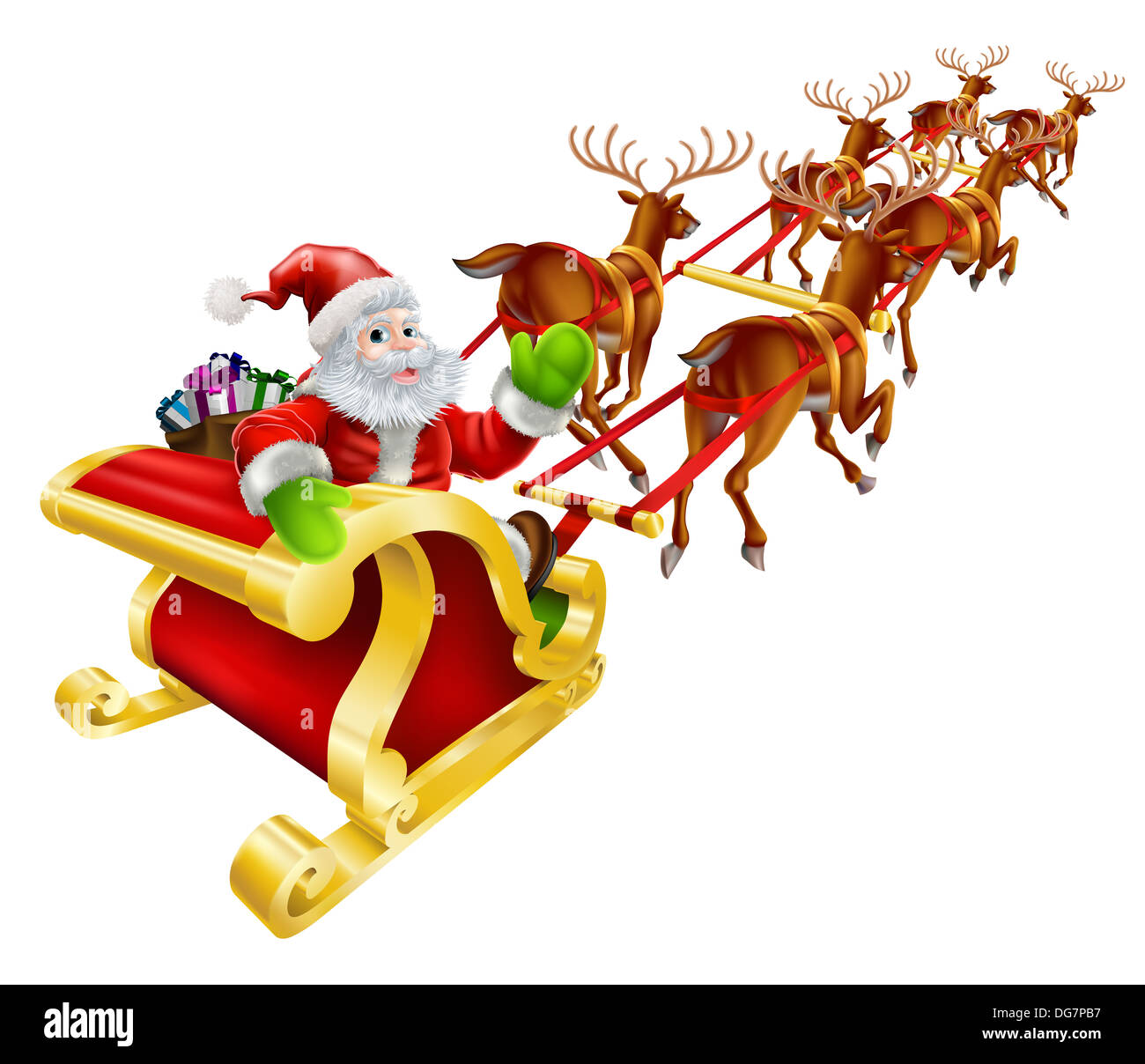 Christmas illustration of Cartoon Santa Claus flying in his sled or sleigh and waving Stock Photo