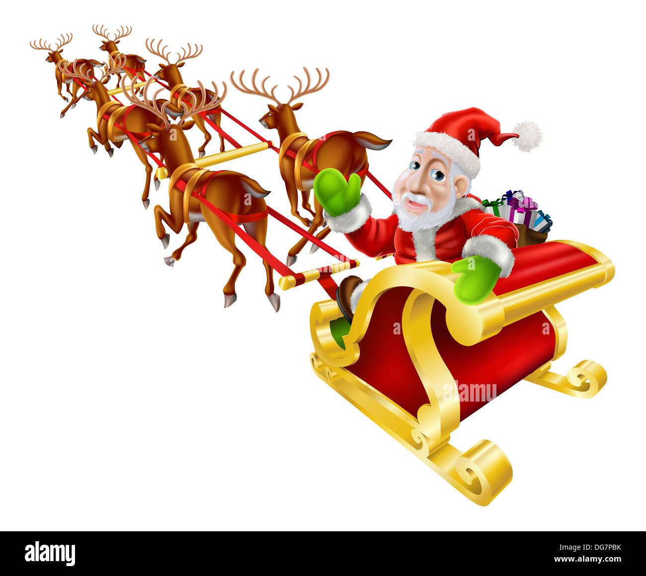 Cartoon Christmas illustration of Santa Claus flying in his sled or sleigh with reindeer and a sack of Christmas presents Stock Photo