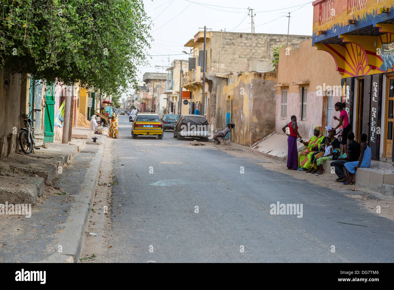 Senegal, Saint Louis. Street Scene. Shops and Residences Sit Side by Side. Stock Photo