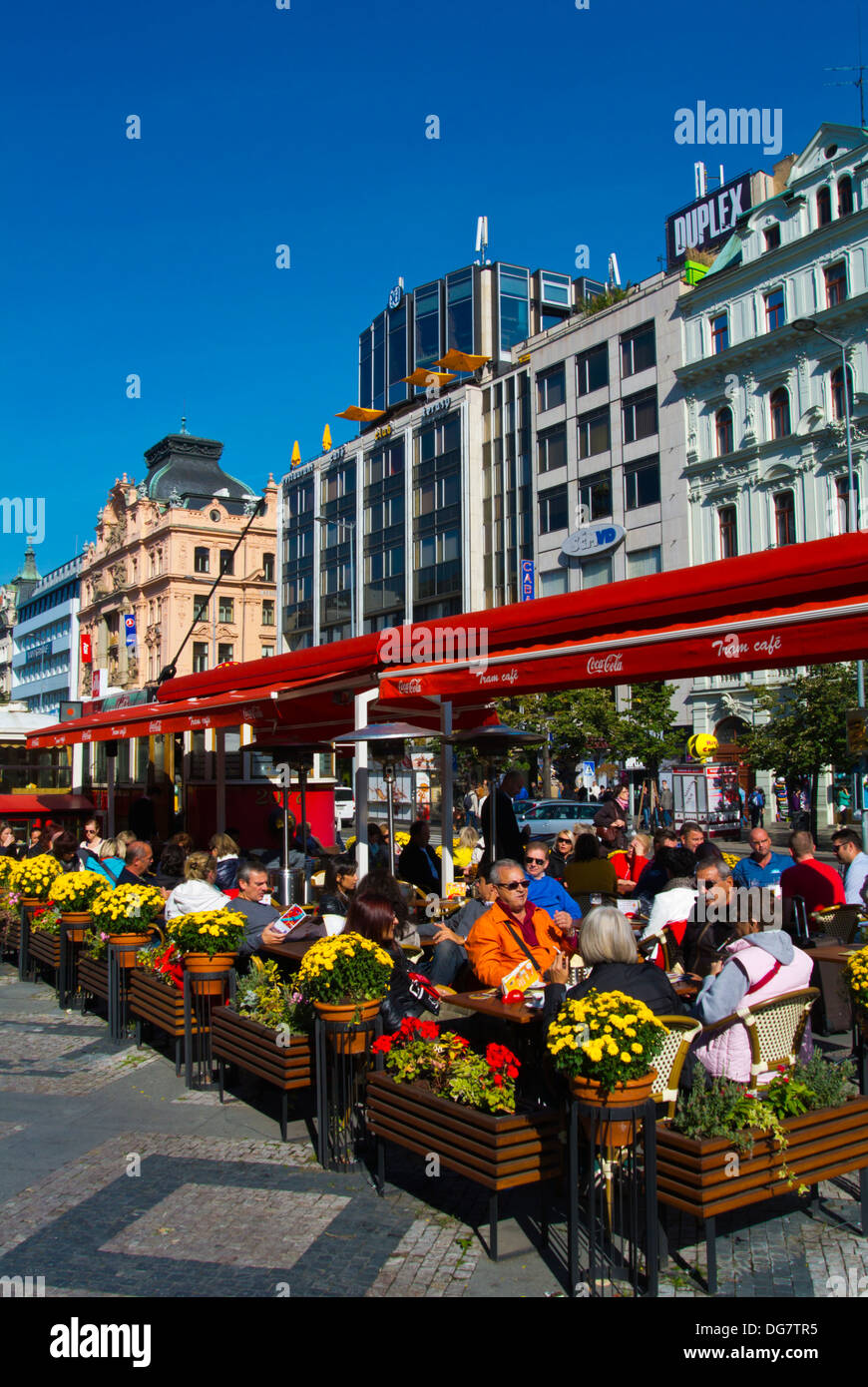 Cafe Tramvaj terrace patio Vaclavske namesti the Wenceslas square central Prague Czech Republic Europe Stock Photo