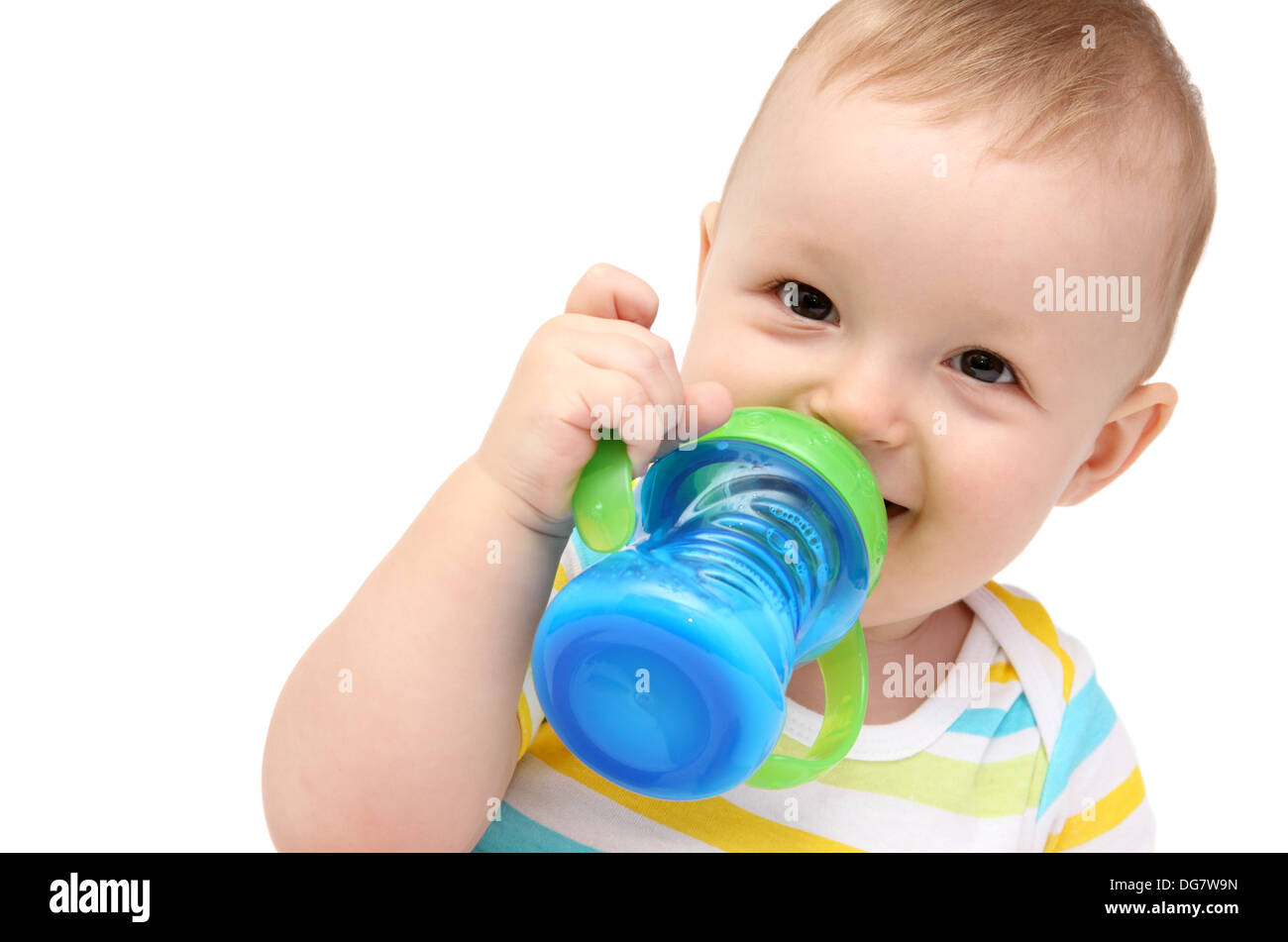 happy baby with milk bottle Stock Photo