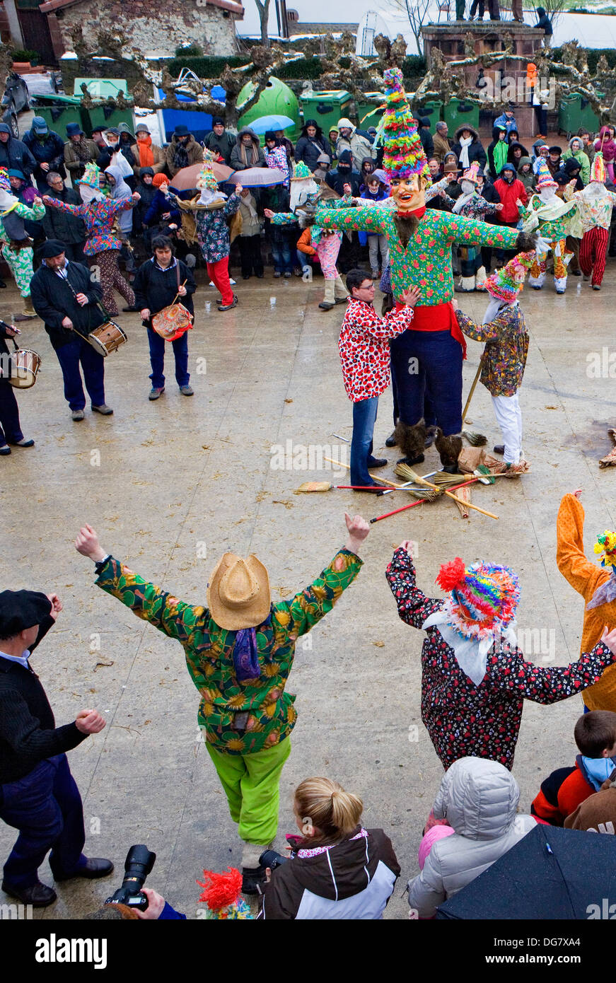 Txatxos dancing the Zortziko dance, and Miel Otxin.In FrontÃ³nÂ´. Lantz carnival. Navarra. Spain Stock Photo