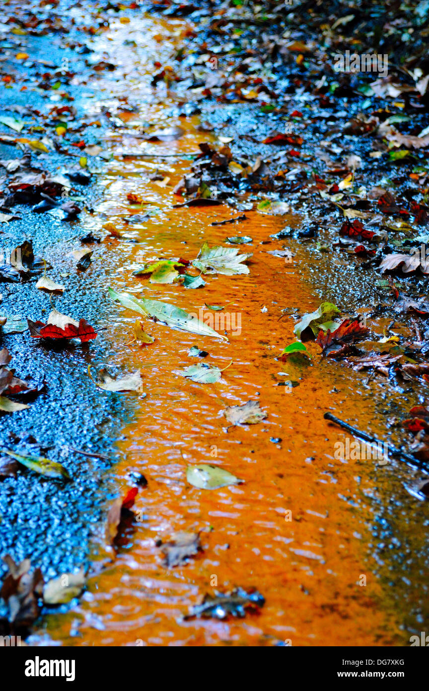 Rusty water flowing over Tarmac in Singleton Park, Swansea, Wales, UK