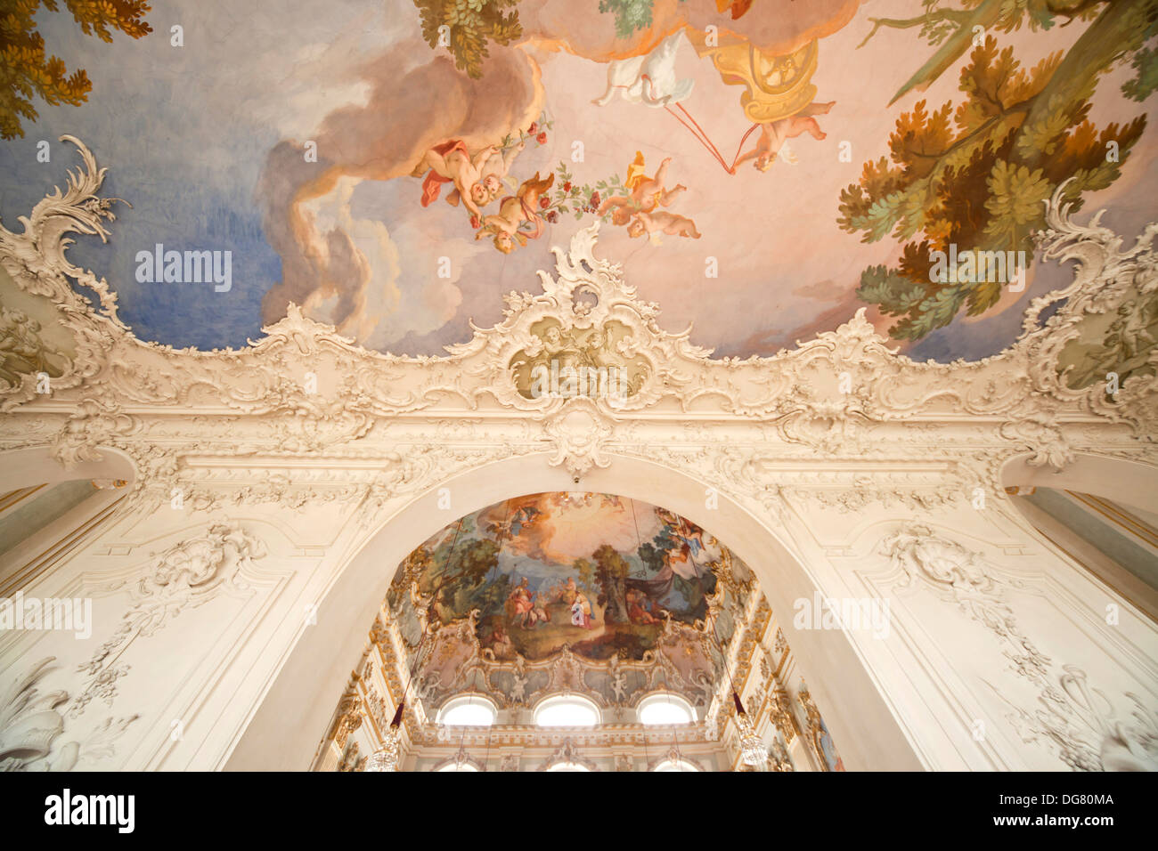 Ceiling fresco inside Nymphenburg Palace in Munich, Bavaria, Germany Stock Photo