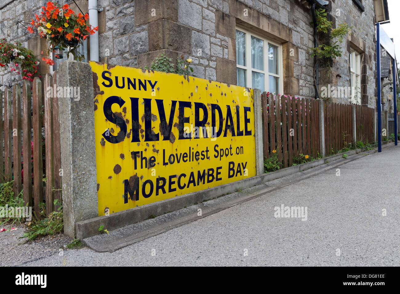Old Sign at Silverdale Railway Station Saying " Sunny Silverdale The