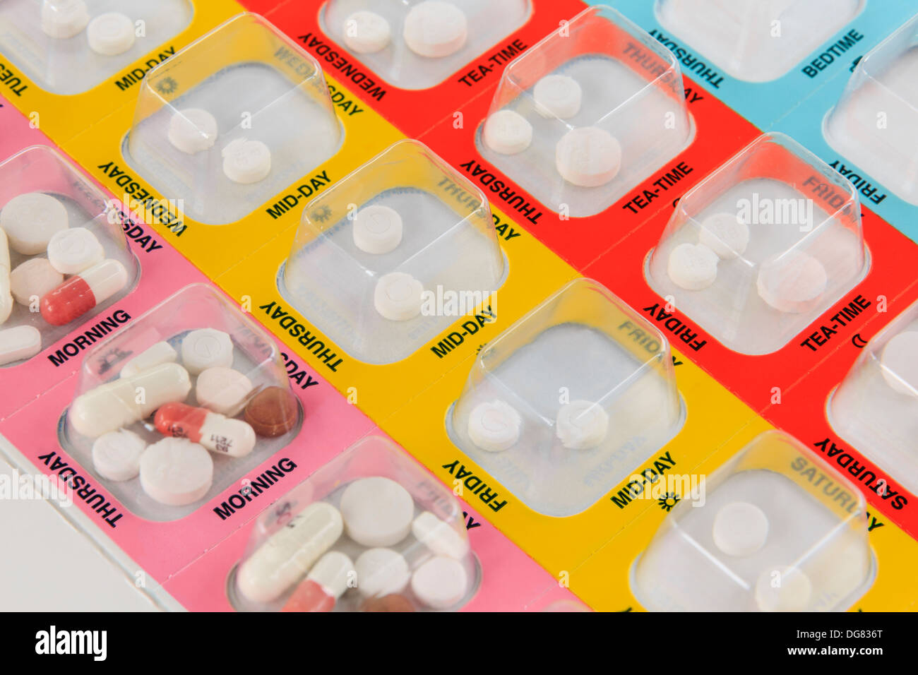 Medicine Manager colour coded blister pack with seven days of medication pills four times per day every day. England UK Stock Photo