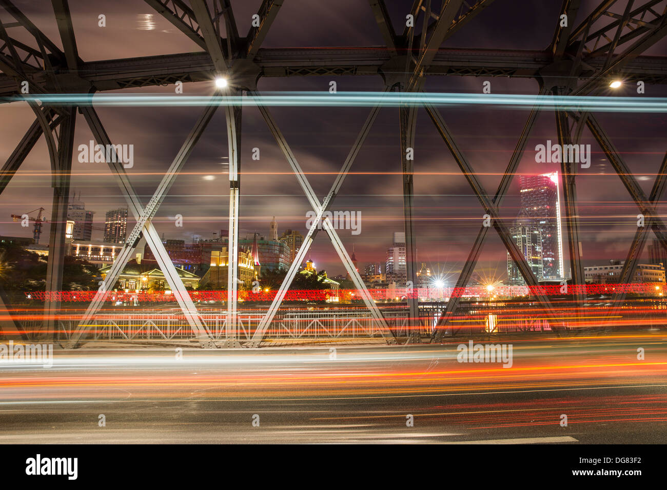 the light trails of city traffic, Waibaidu bridge shanghai china Stock Photo