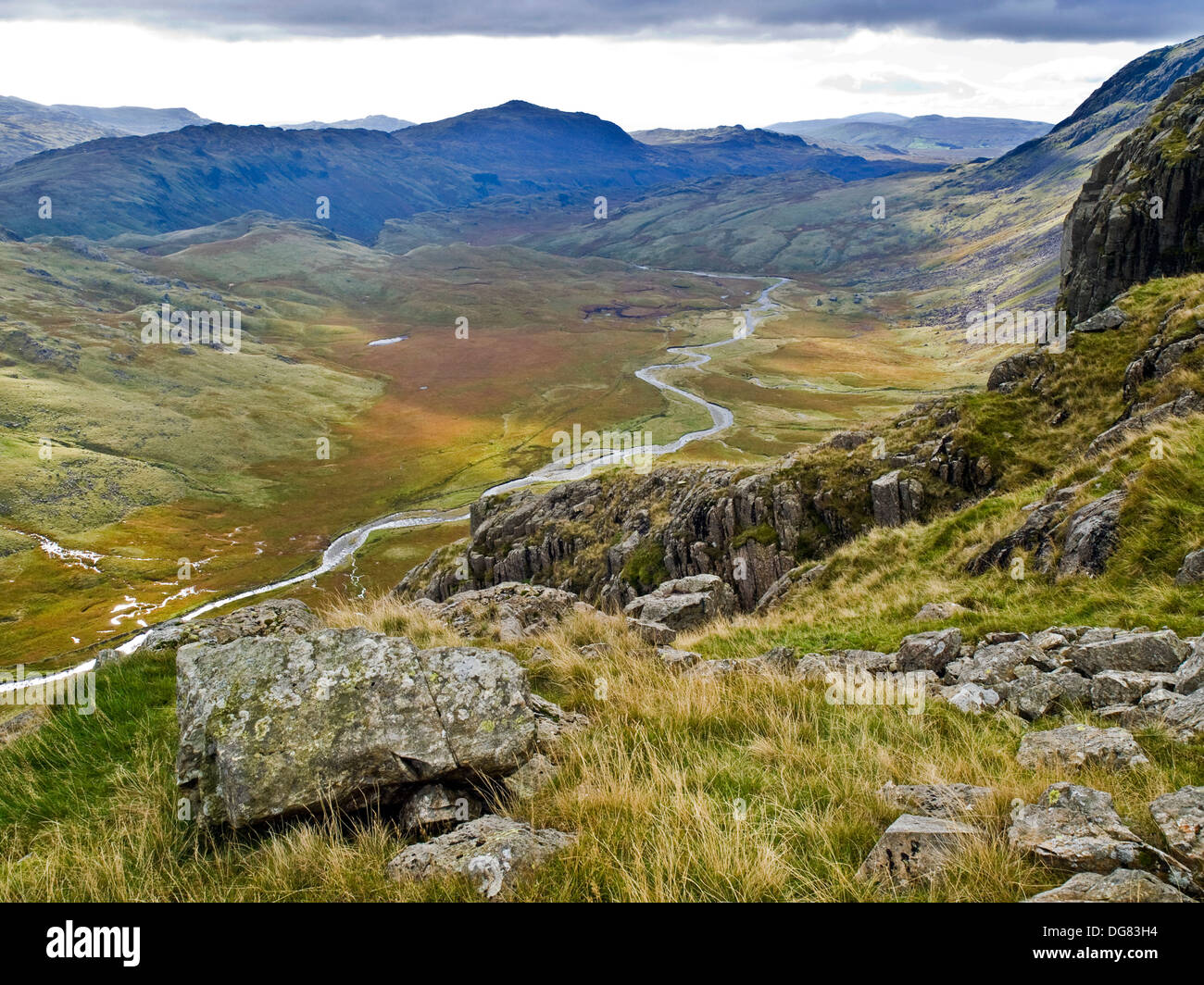 Great Moss and Upper Eskdale from Esk Buttress, Lake District National Park,.Cumbria Stock Photo