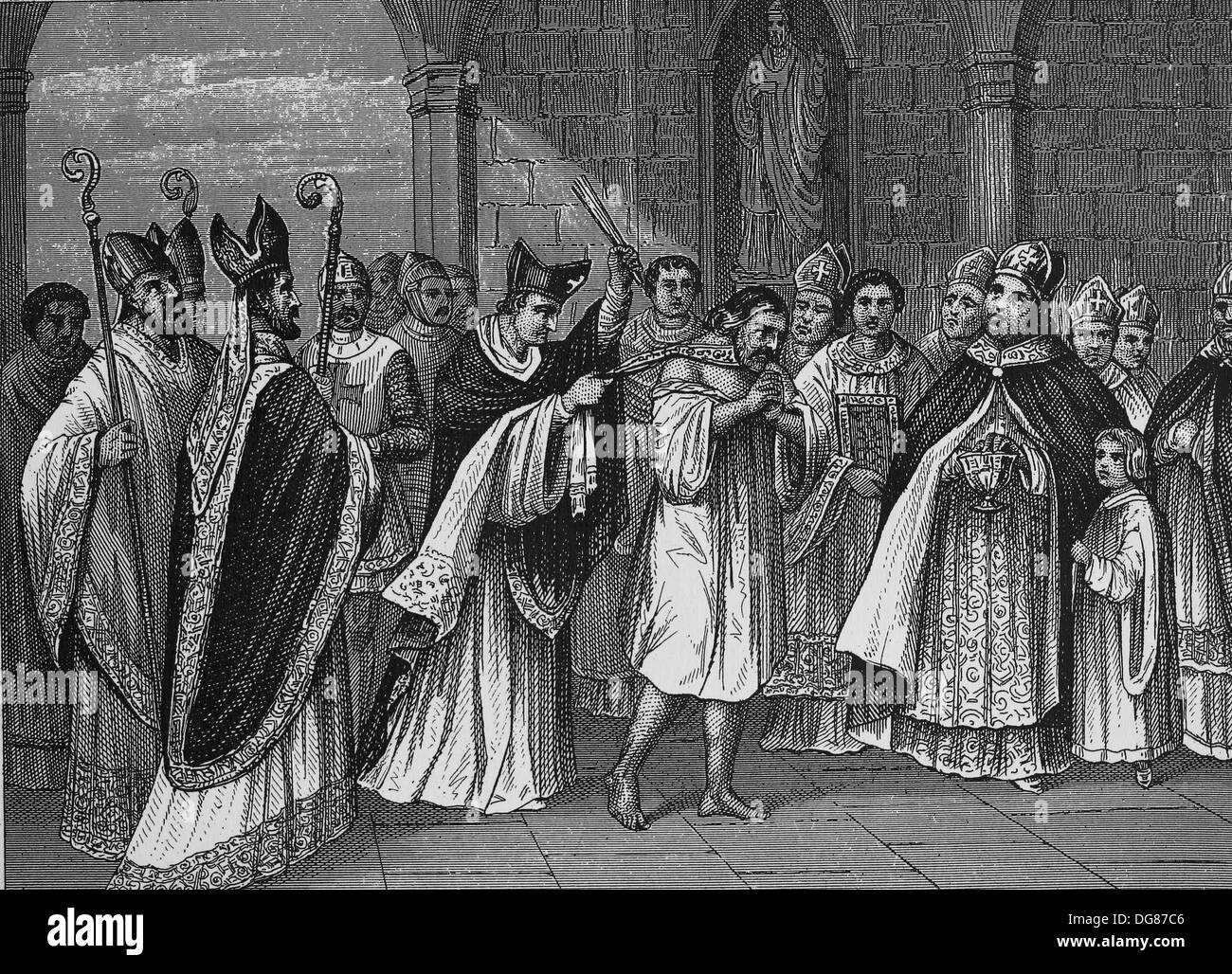 Middle Ages. Clerical punishment of French princes in the 13th century. Engraving Stock Photo