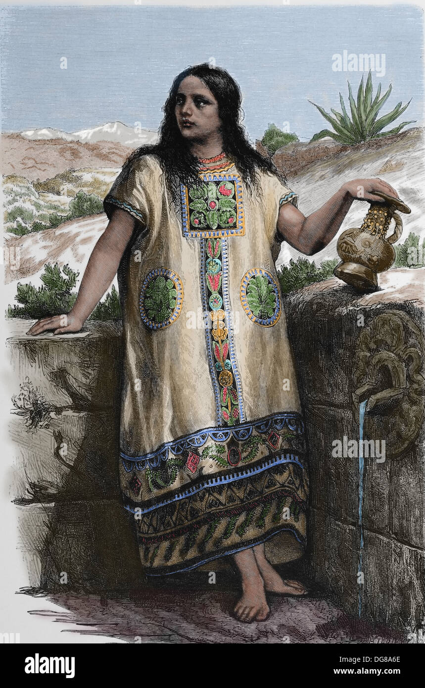 America. Mexico. Mexican girl, with 'Tolteque-style' robe. 1880. Engraving. Later colouration. 19th century. Stock Photo