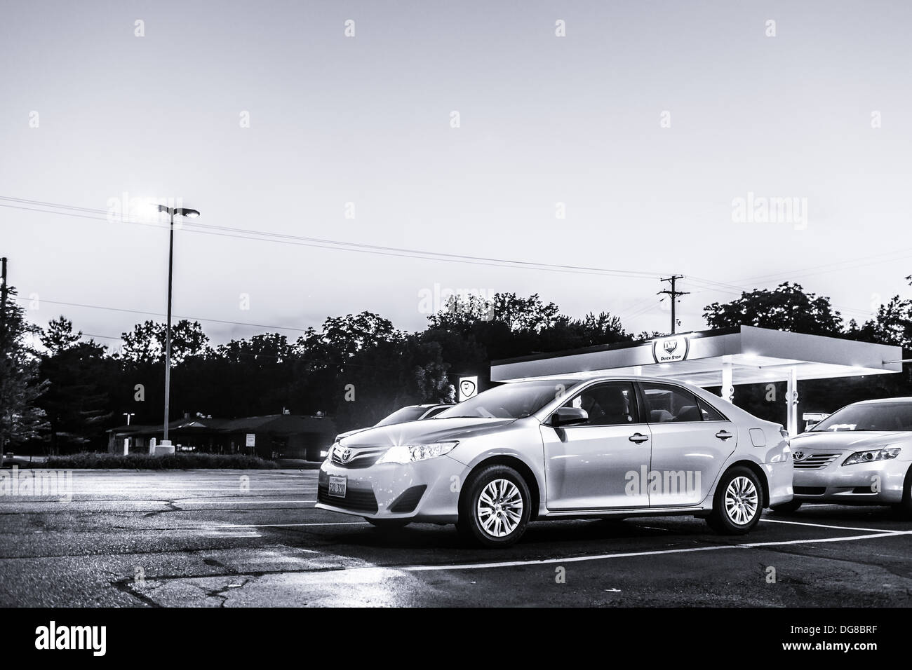 Toyota in parking lot, USA, classy black and white look. Stock Photo