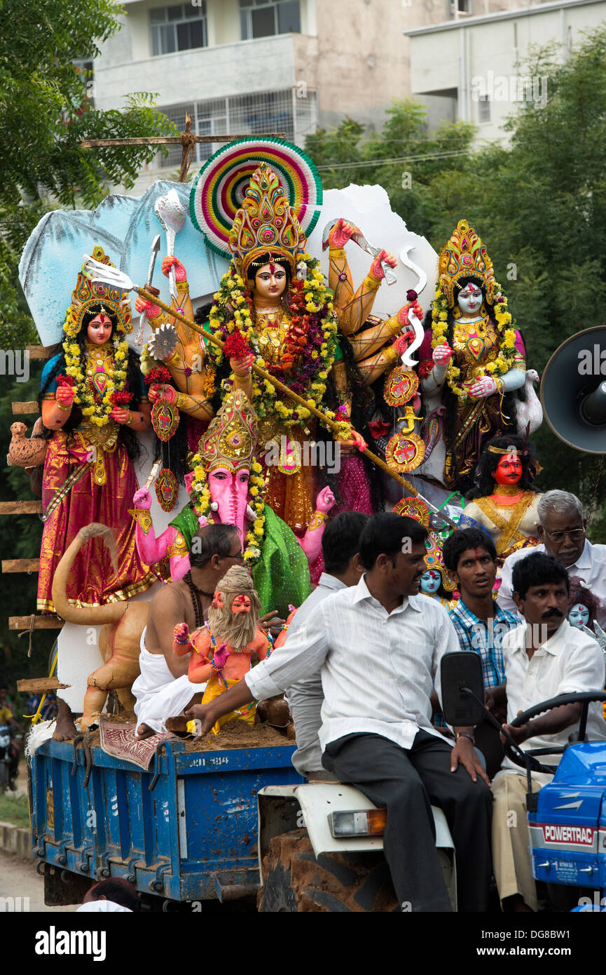 Indian Goddess statues on a tractor and trailer, part of a Dasara ...
