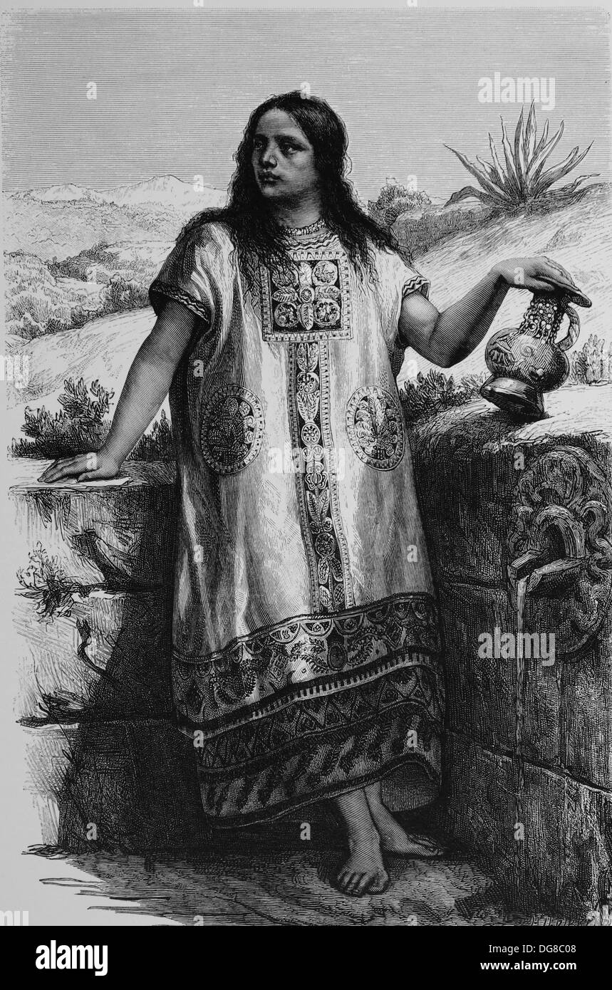 America. Mexico. Mexican girl, with 'Tolteque-style' robe. 1880. Engraving. 19th century. Stock Photo