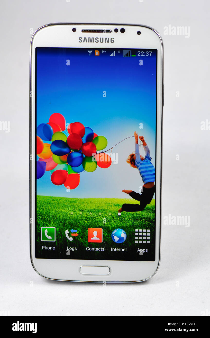 front view of the newest Samsung mobile phone Galaxy S4 Stock Photo