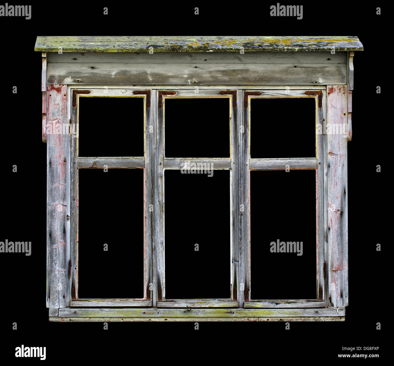 Old rustic wooden window frame for photos and paintings background, isolated over black (clipping path included) Stock Photo