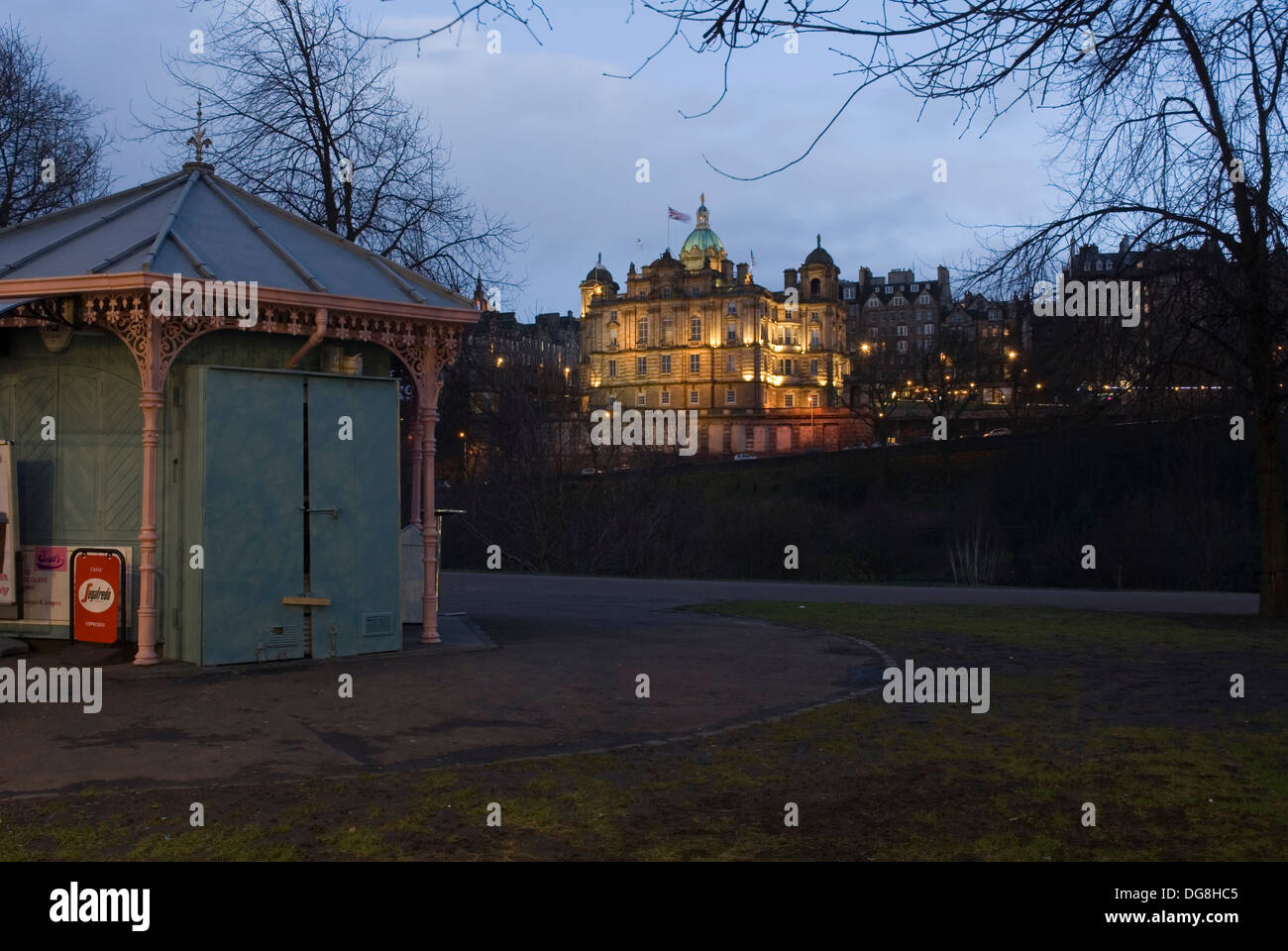 Closed street cafe at night at Princes Street Gardens, Edinburgh, Scotland, UK, Europe Stock Photo