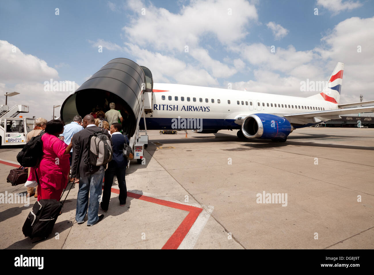 Passengers boarding a British Airways plane, O. R. Tambo International Airport, Johannesburg airport, South Africa Stock Photo