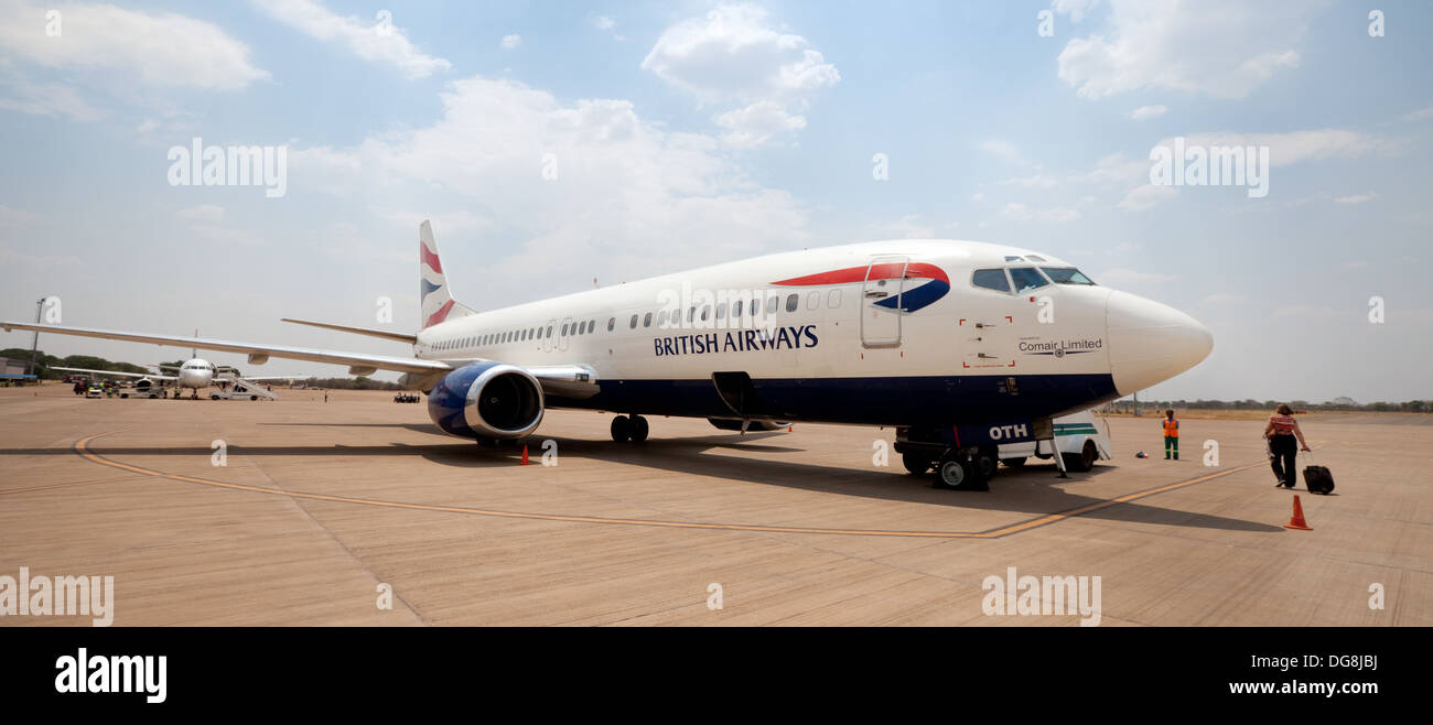British Airways - BA plane, Livingstone airport Zambia Africa Stock Photo