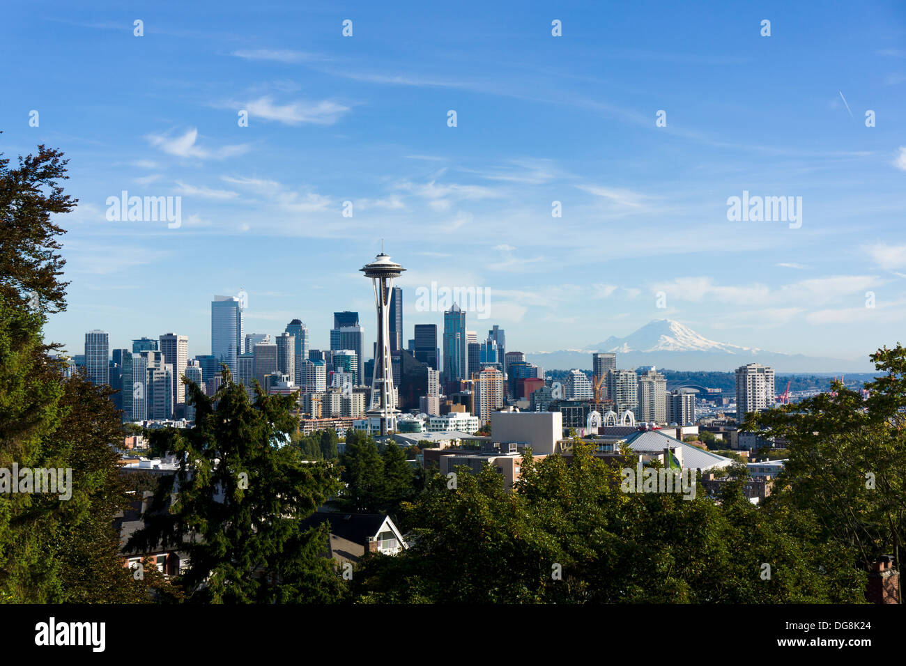 View on Seattle skyline and Mount Rainier from Kerry Park. Seattle, Washington, USA. Stock Photo