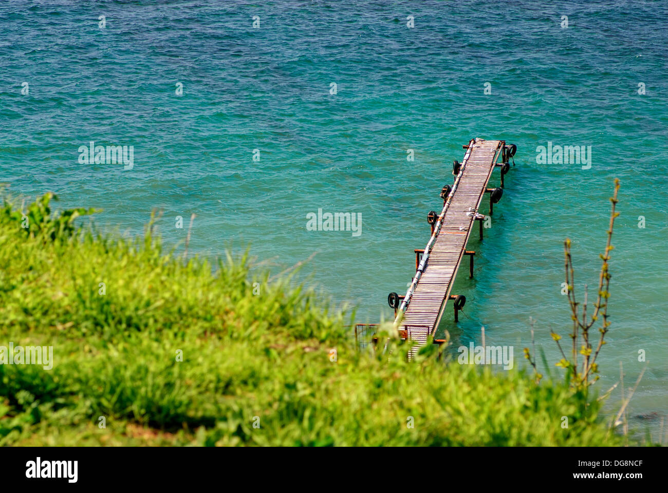 Green grass and sea with pier on background Stock Photo