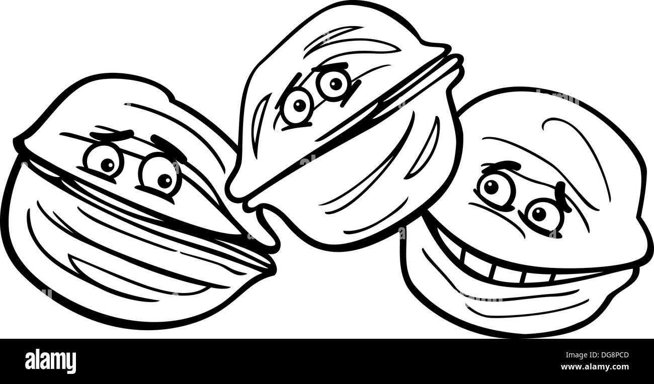 Black and White Cartoon Illustration of Funny Comic Walnuts Food