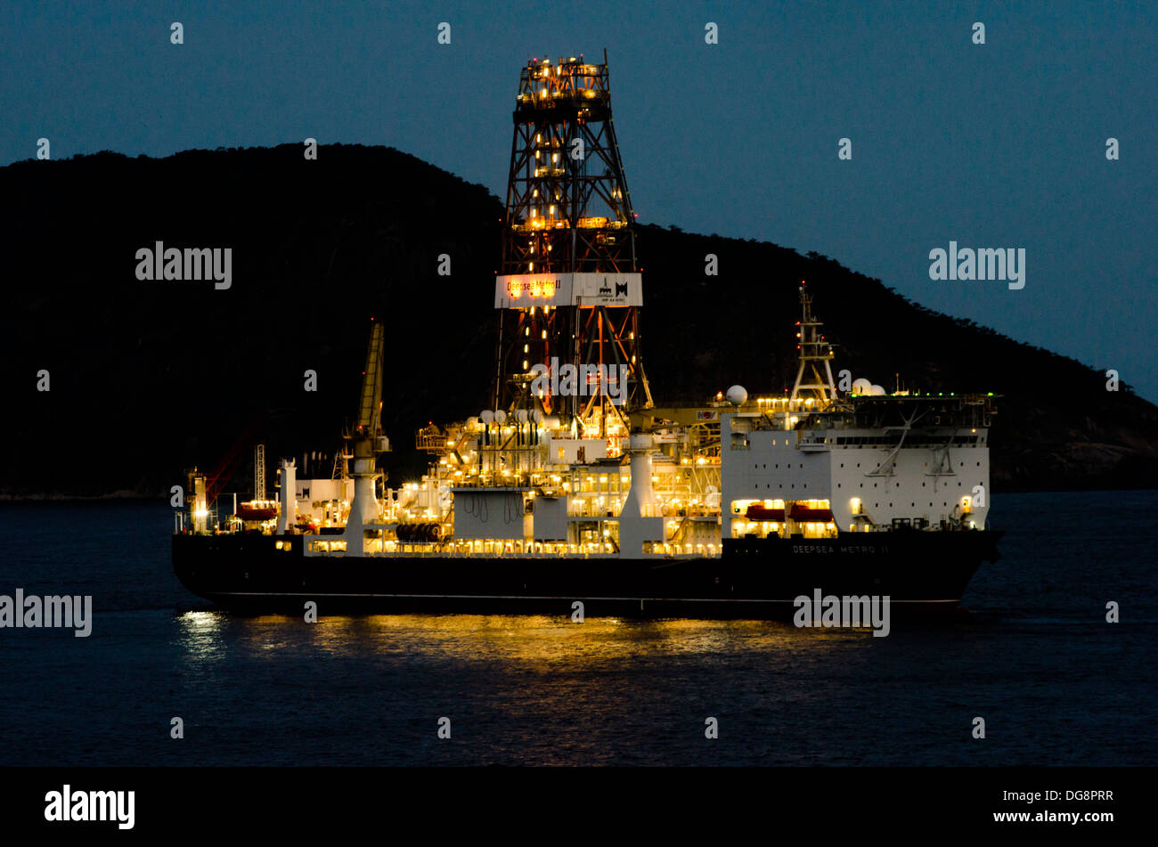 deep sea metro ultra deep waters drilling vessel anchored at Niteroi, Rio de Janeiro.  Night view Stock Photo
