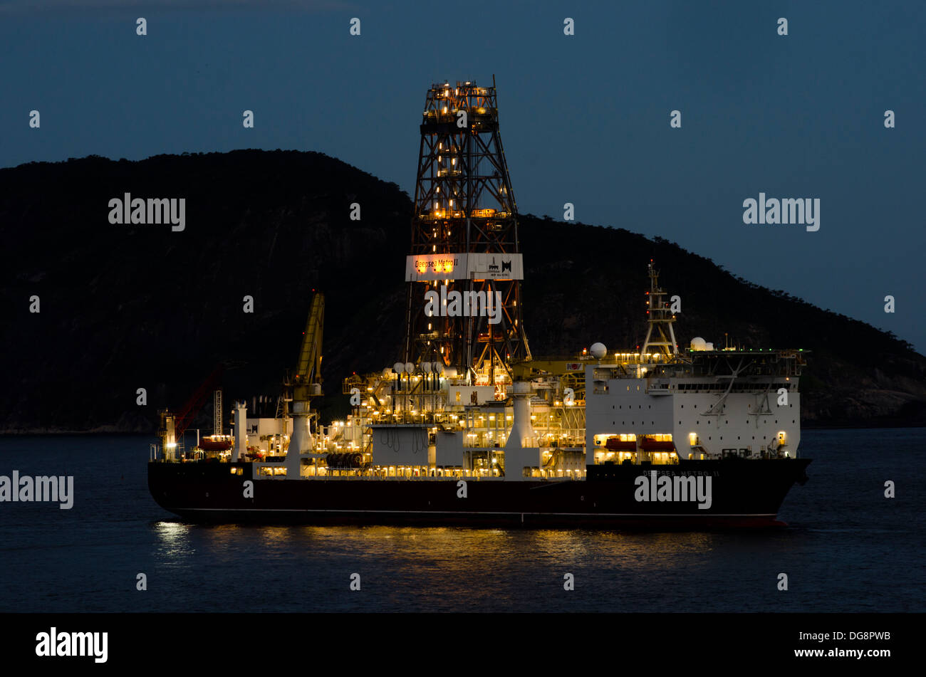 deep sea metro ultra deep waters drilling vessel anchored at Niteroi, Rio de Janeiro.  Night view Stock Photo