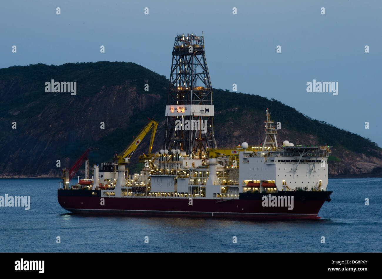 Deep Sea Metro offshore oil drilling ship anchored close to Rio De Janeiro, waiting to go Offshore. Stock Photo