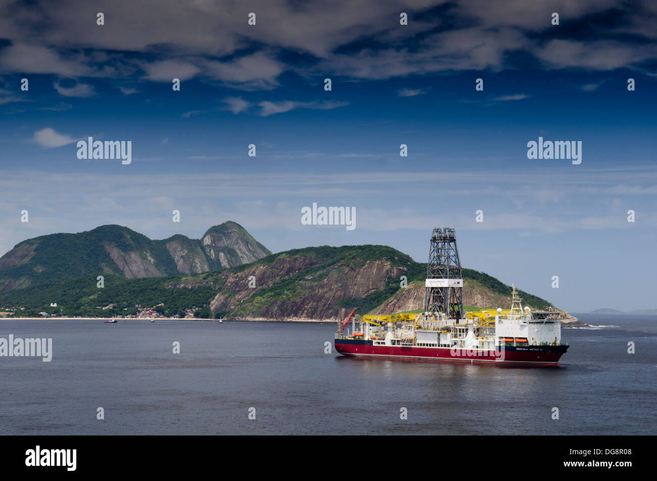 Deep Sea Metro offshore oil drilling ship anchored close to Rio De Janeiro, waiting to go Offshore. Stock Photo