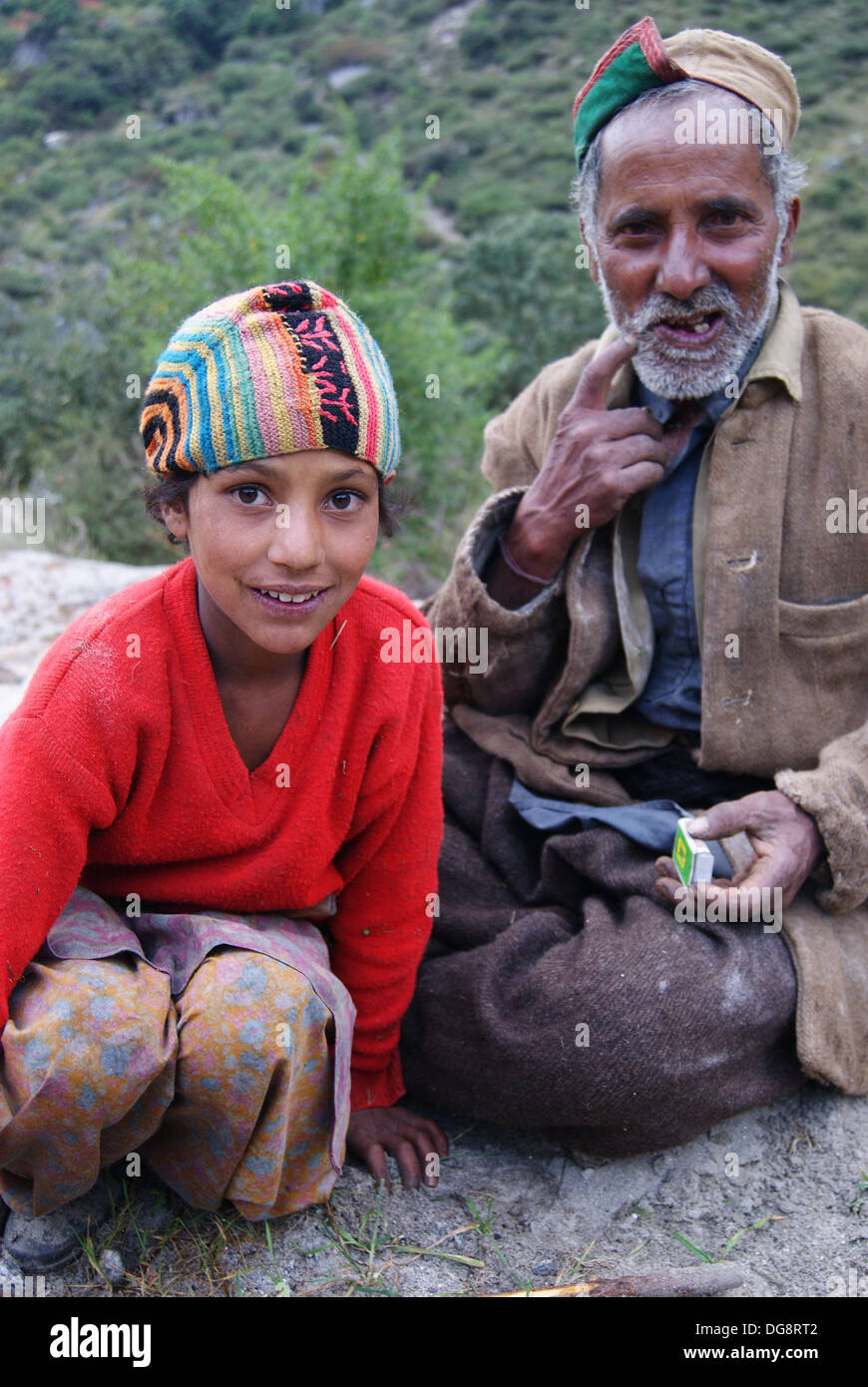 Father and daughter on the Har Ki Doon Trail, Uttarakhand, India Stock Photo