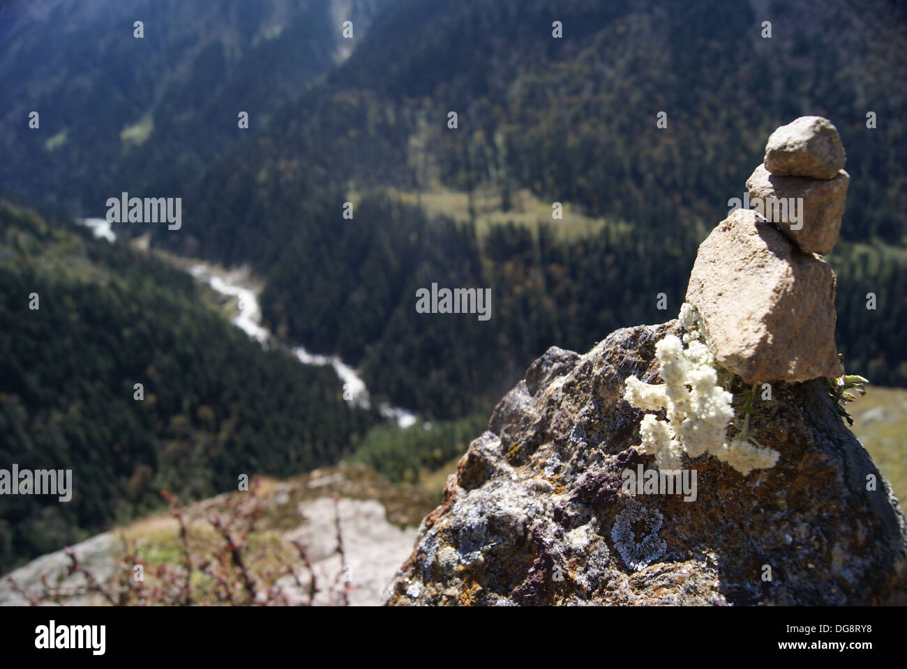 Small cairn on the Har Ki Doon Trail, Uttarakhand, India Stock Photo