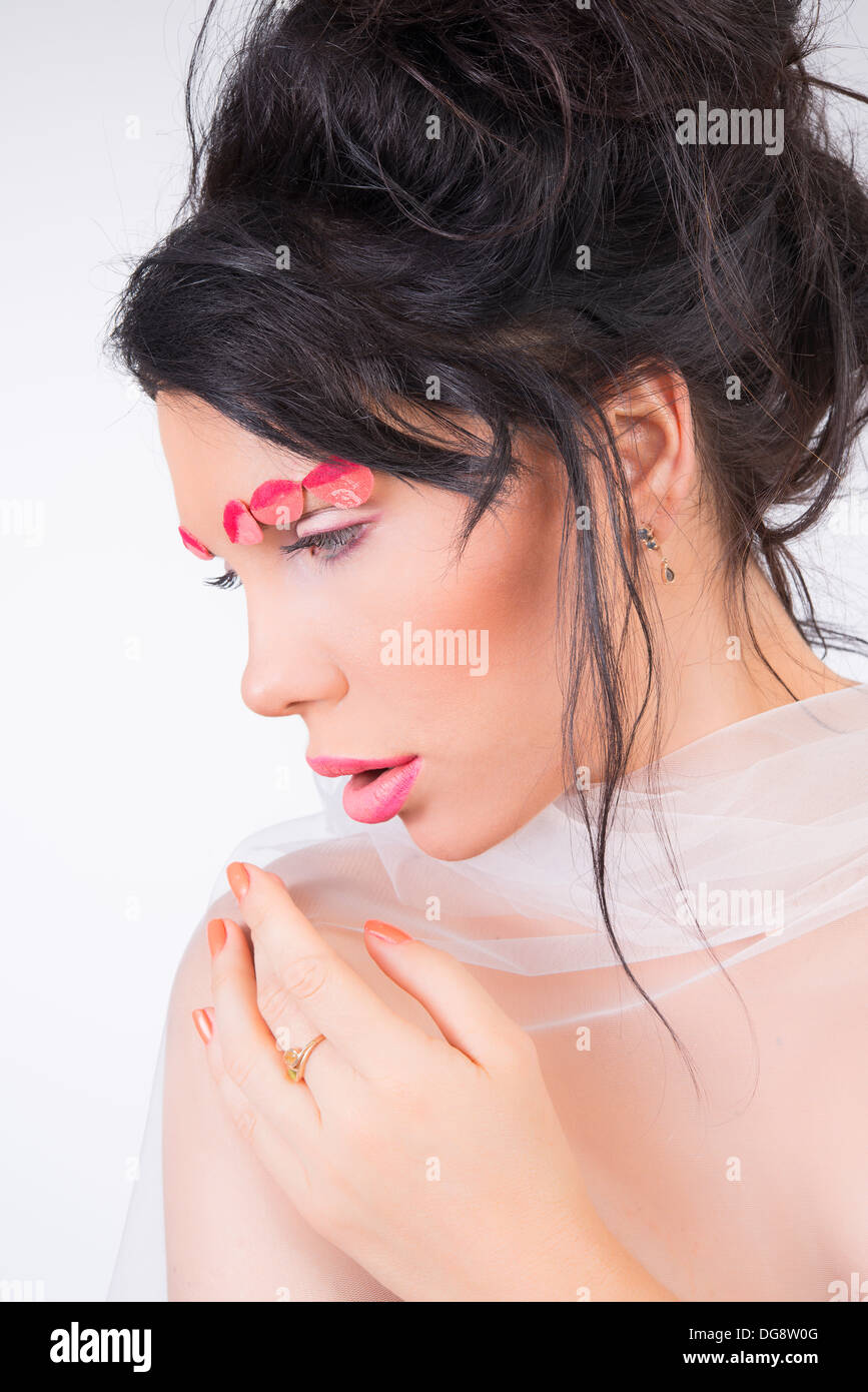 black hairs wedding women with pink makeup Stock Photo