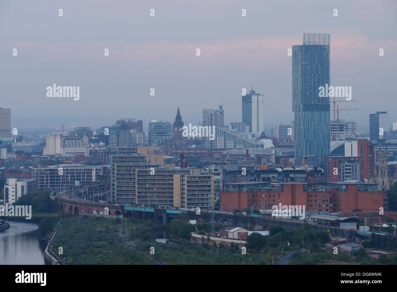 Manchester city centre landmark buildings and skyline including Beetham Tower and Town Hall Stock Photo