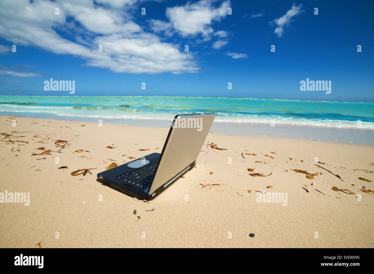 laptop on the beach as a freelance idea Stock Photo